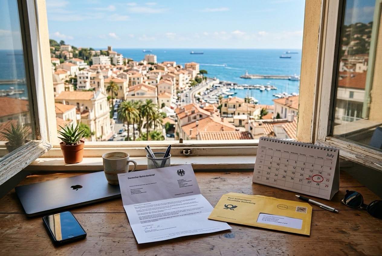 Schreibtisch am Fenster mit Blick auf eine Mittelmeerstadt, darauf ein deutscher Behördenbrief, ein gelber Umschlag und ein Kalender mit markierter Frist